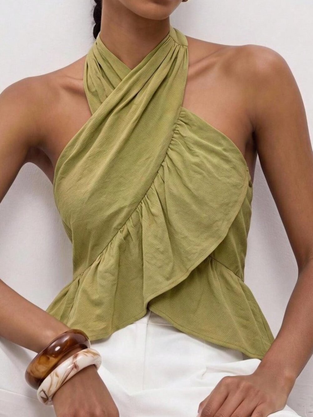 Olive Green Casual Women's Regular Wrap Asymmetrical Halter Top